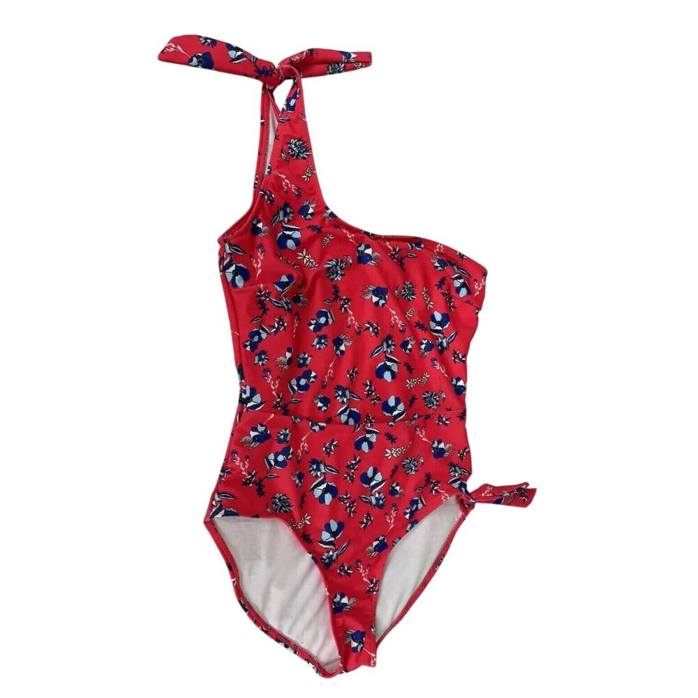 One Piece One-Shoulder Bathing Suit Womens Small Red Floral Bows